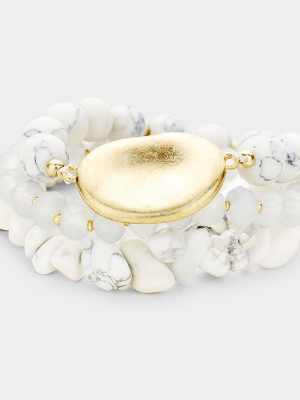 3-Piece White Howlite Crushed Stone Stretch Bracelet Set with Gold Disc - Boho
